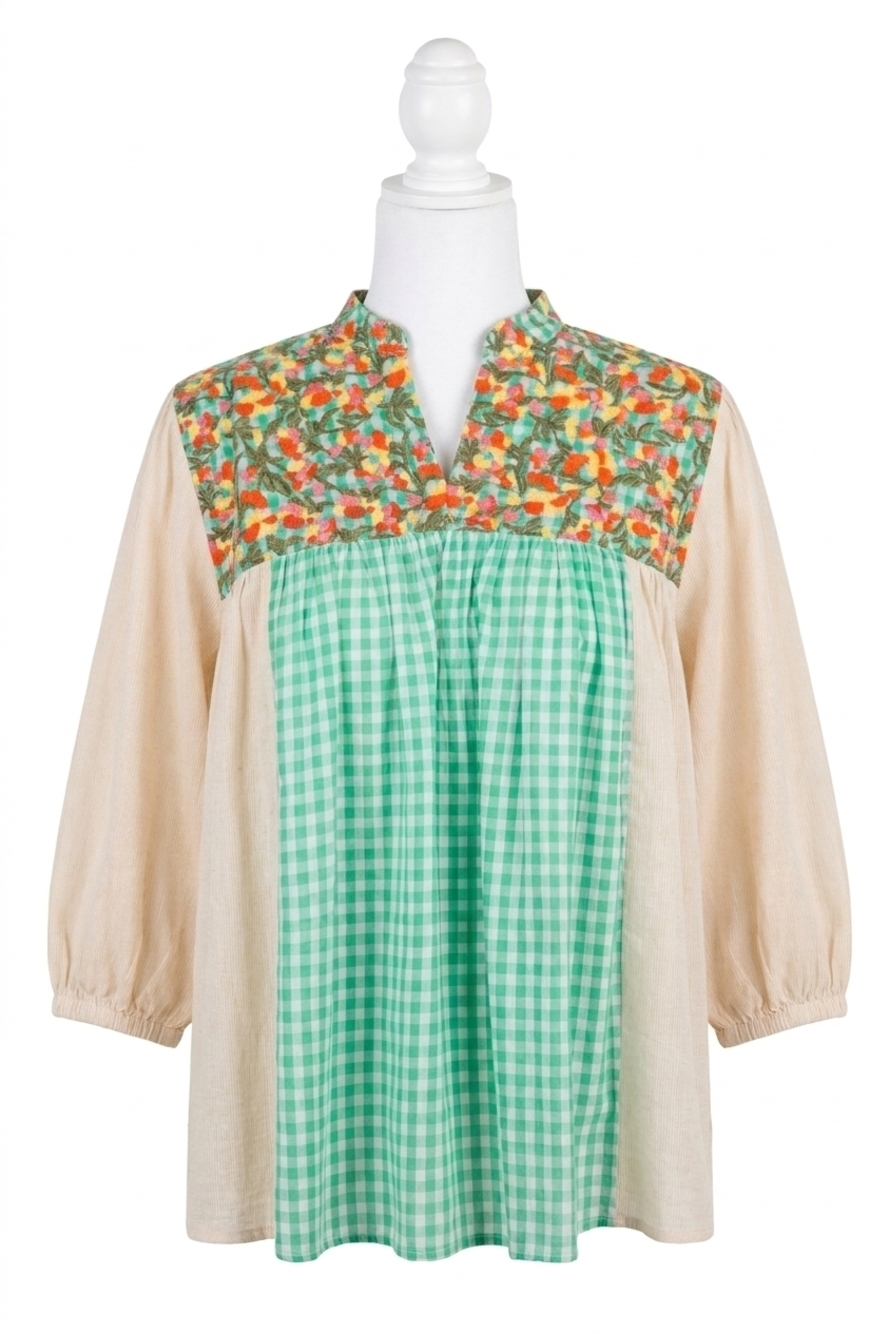 NEW LAYERZ CLOTHING floral gingham embroidered top in green multi